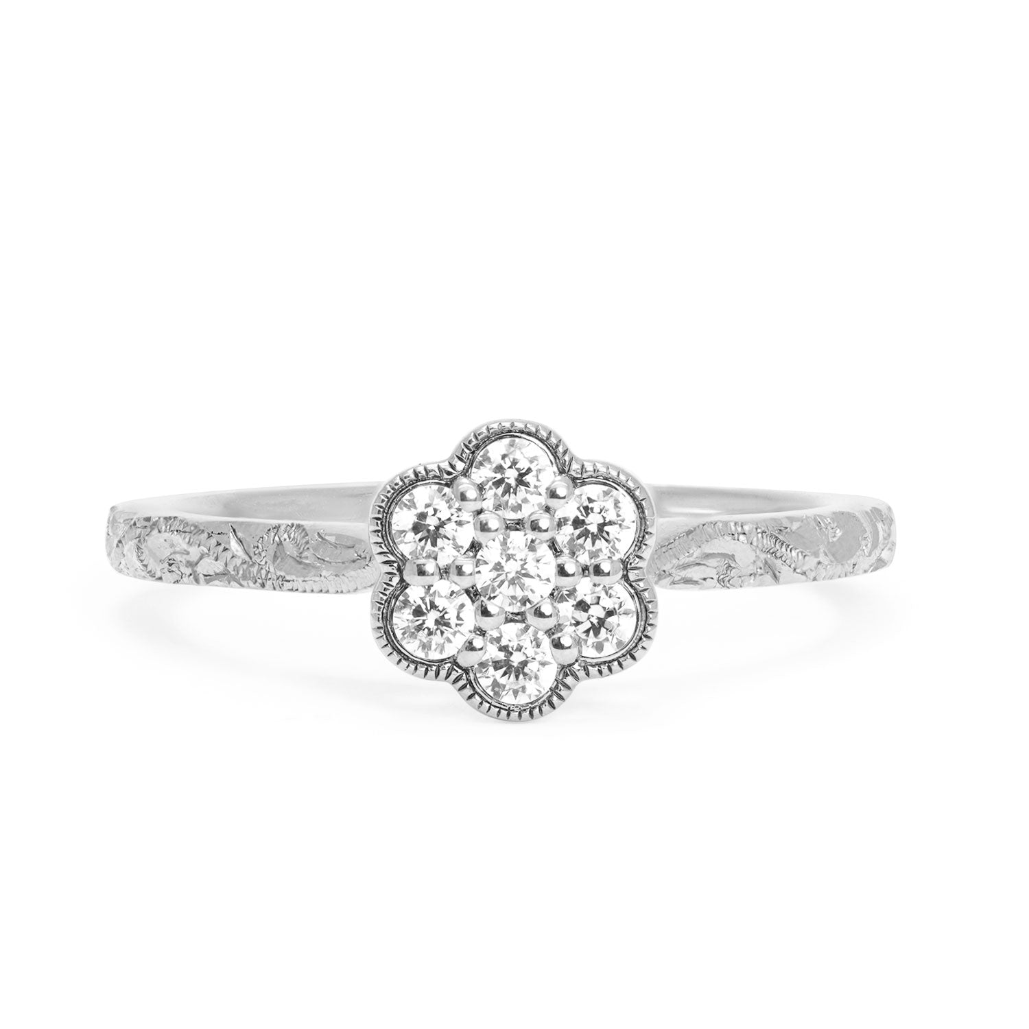 Daisy Ethical Diamond Cluster Engagement Ring, hand engraved with traceable and conflict-free Canadian diamonds and 100% recycled white gold