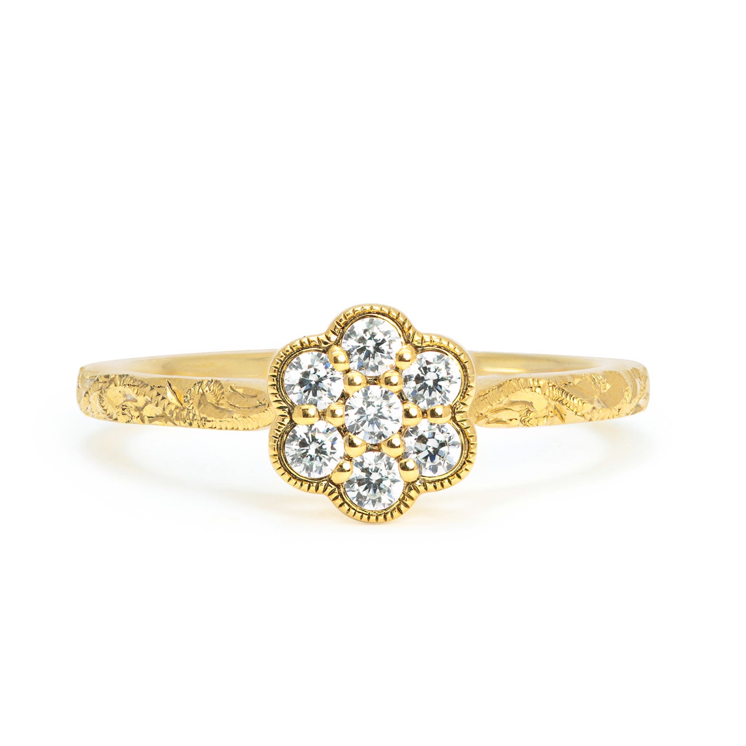 Daisy Ethical Diamond Cluster Engagement Ring, hand engraved, with traceable and conflict-free Canadian diamonds and 100% recycled yellow gold