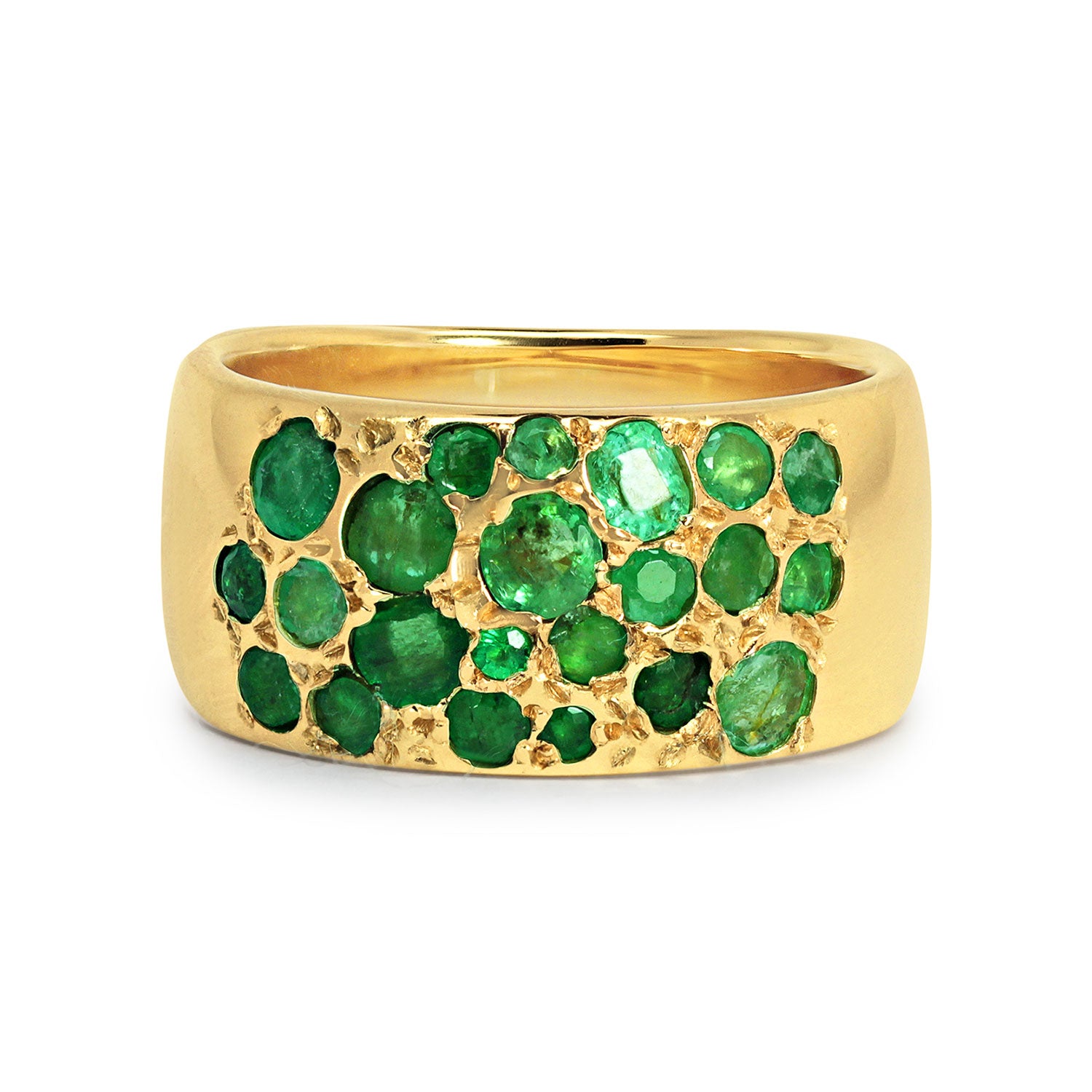 Chunky 14ct recycled gold band with broken fragments of reclaimed vintage emeralds