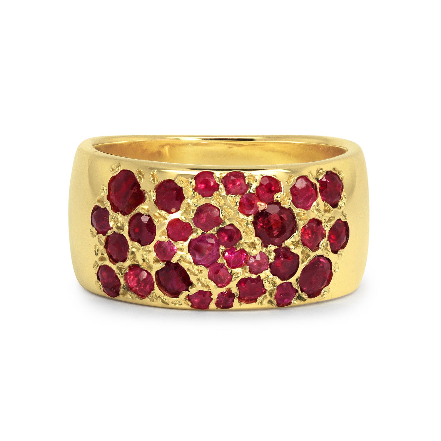 Chunky 14ct recycled gold band with broken fragments of reclaimed vintage emeralds