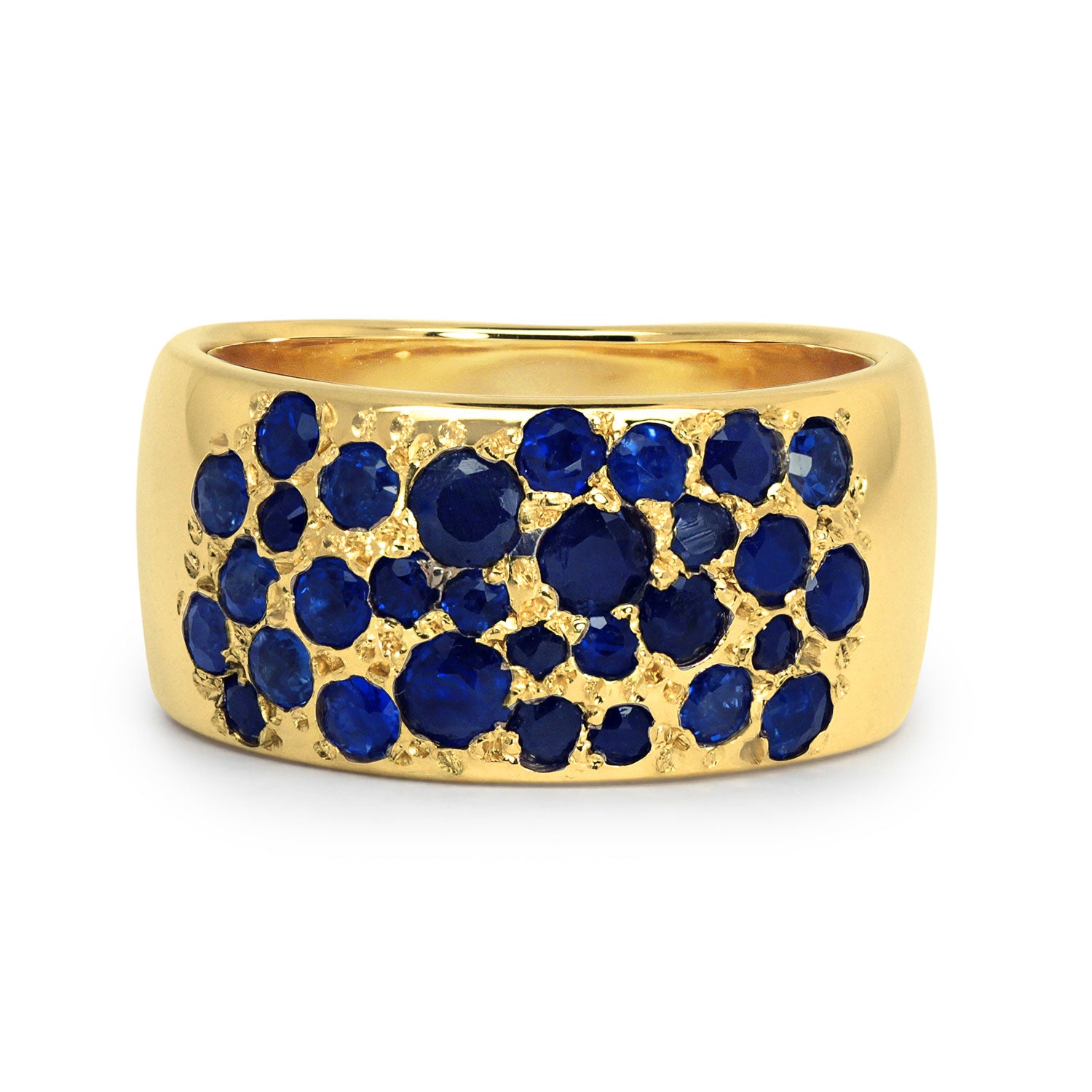 Chunky 14ct recycled gold band with broken fragments of reclaimed vintage sapphires