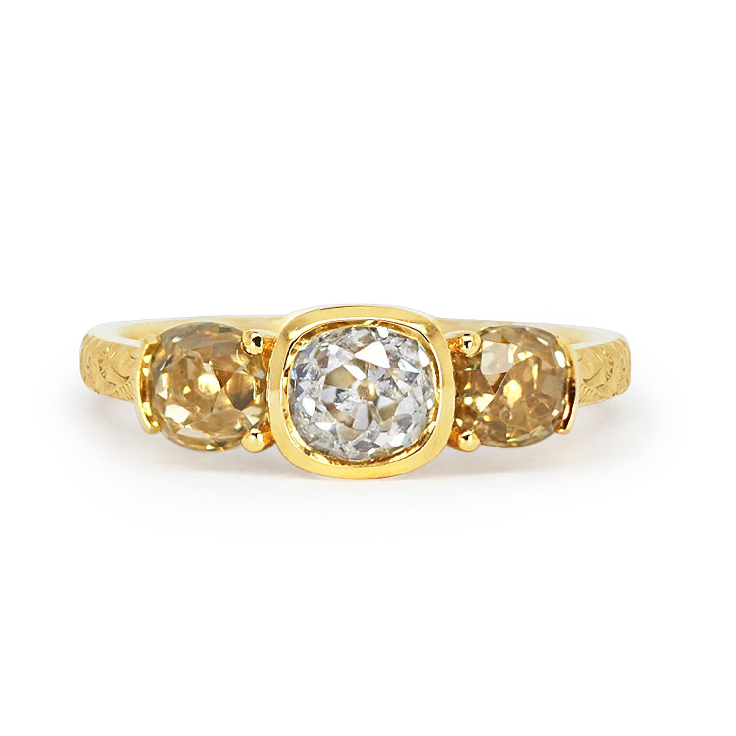 Trilogy engagement ring in recycled eco gold - vintage recycled old cut diamonds and a hand-engraved band