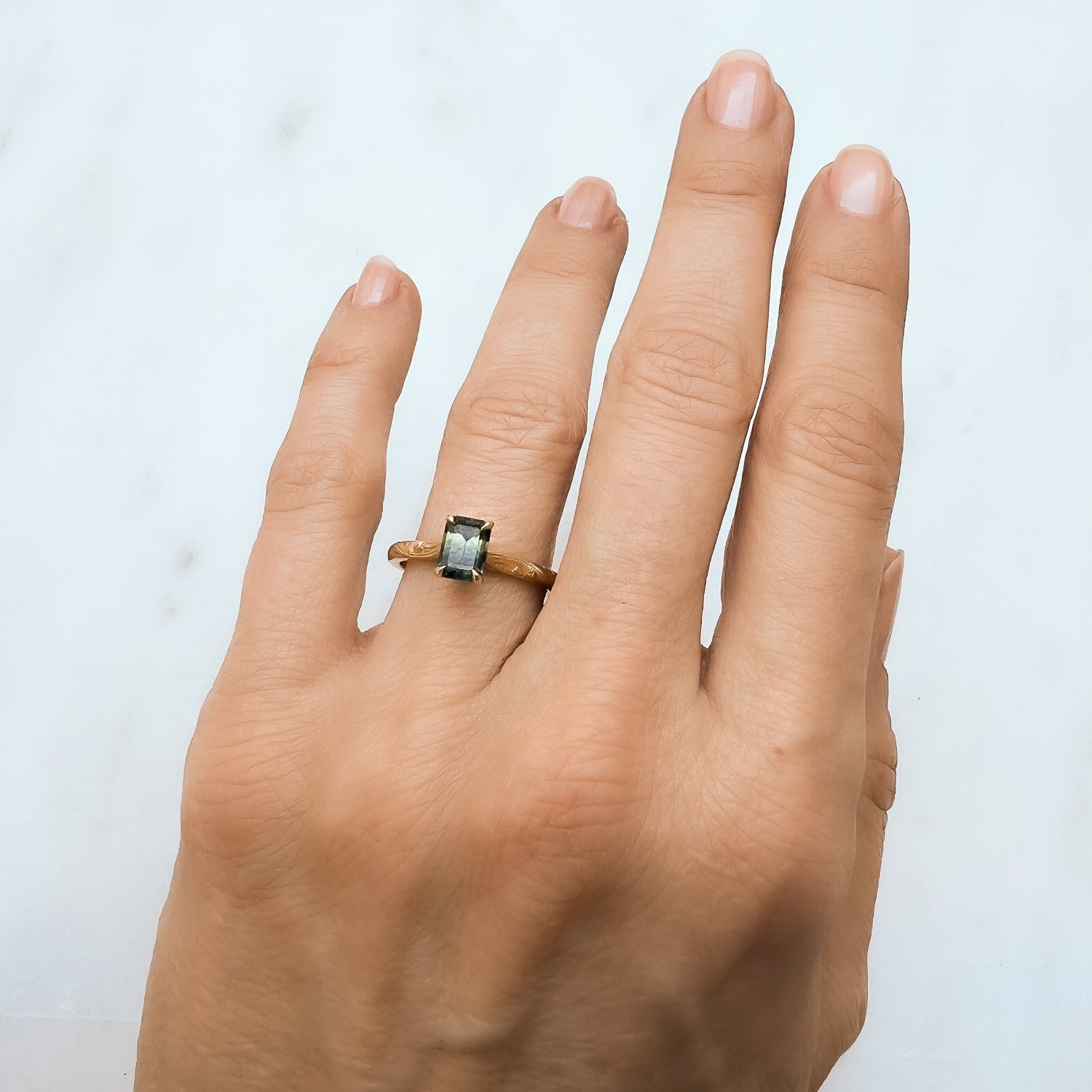 Athena Fancy Emerald Cut Teal Sapphire Ring