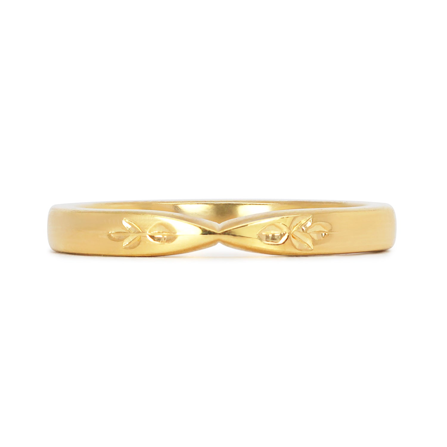 Lebrusan Studio vintage style shaped ethical wedding ring, hand-engraved with subtle flowers and cast in 18ct ethical recycled gold or Fairtrade Gold