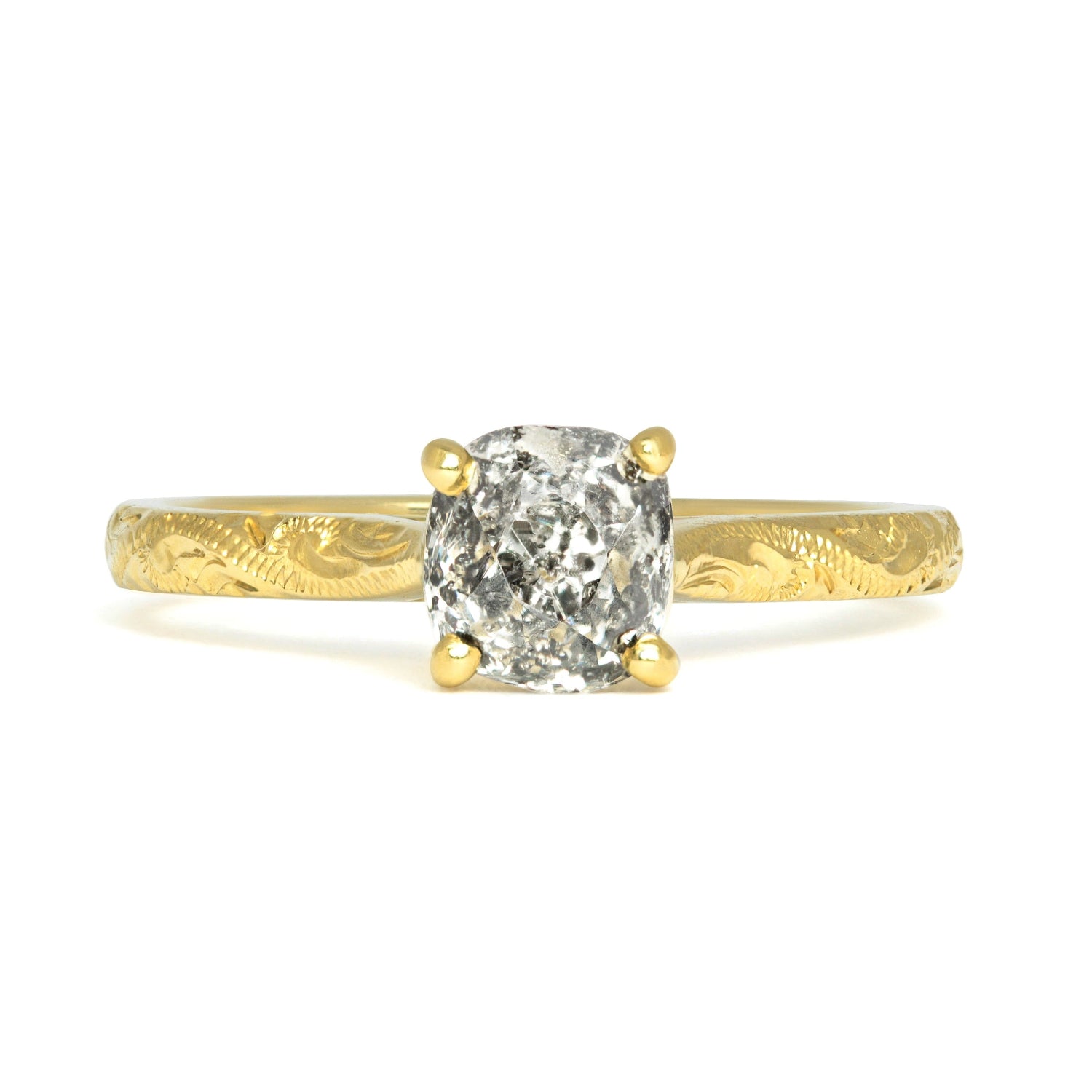 Solitaire engagement ring with a vintage recycled salt and pepper old-cut diamond and an 18ct recycled gold band with hand engraved scrolls
