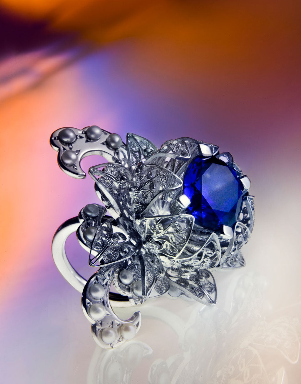 A one-of-a-kind filigree cocktail ring, highly hand-crafted using ethical pearls and fair-traded tanzanite