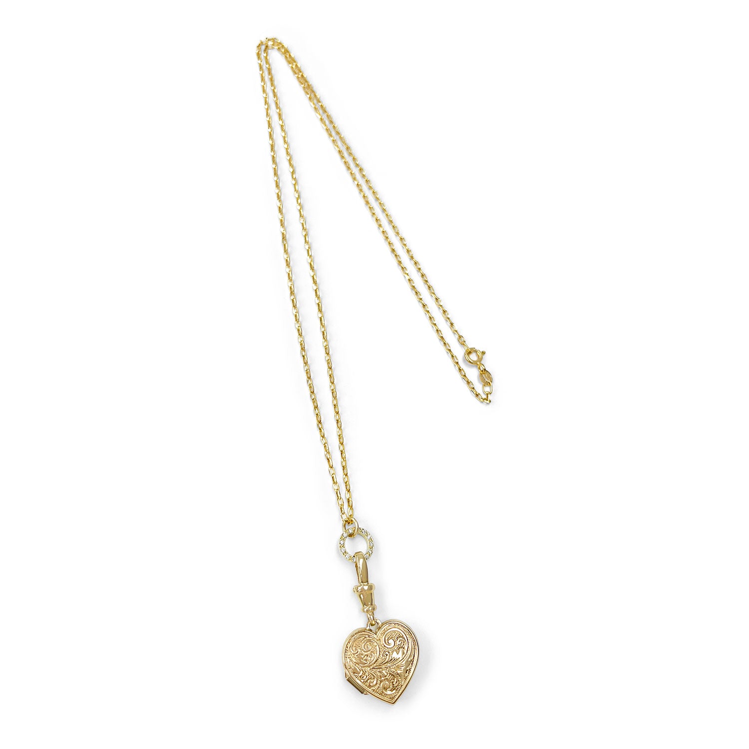 Reclaimed antique Victorian hand-engraved gold heart-shaped locket pendant necklace on a reclaimed antique gold chain, with a circlet connector in sustainable recycled gold and conflict-free Canadian diamonds - full chain view