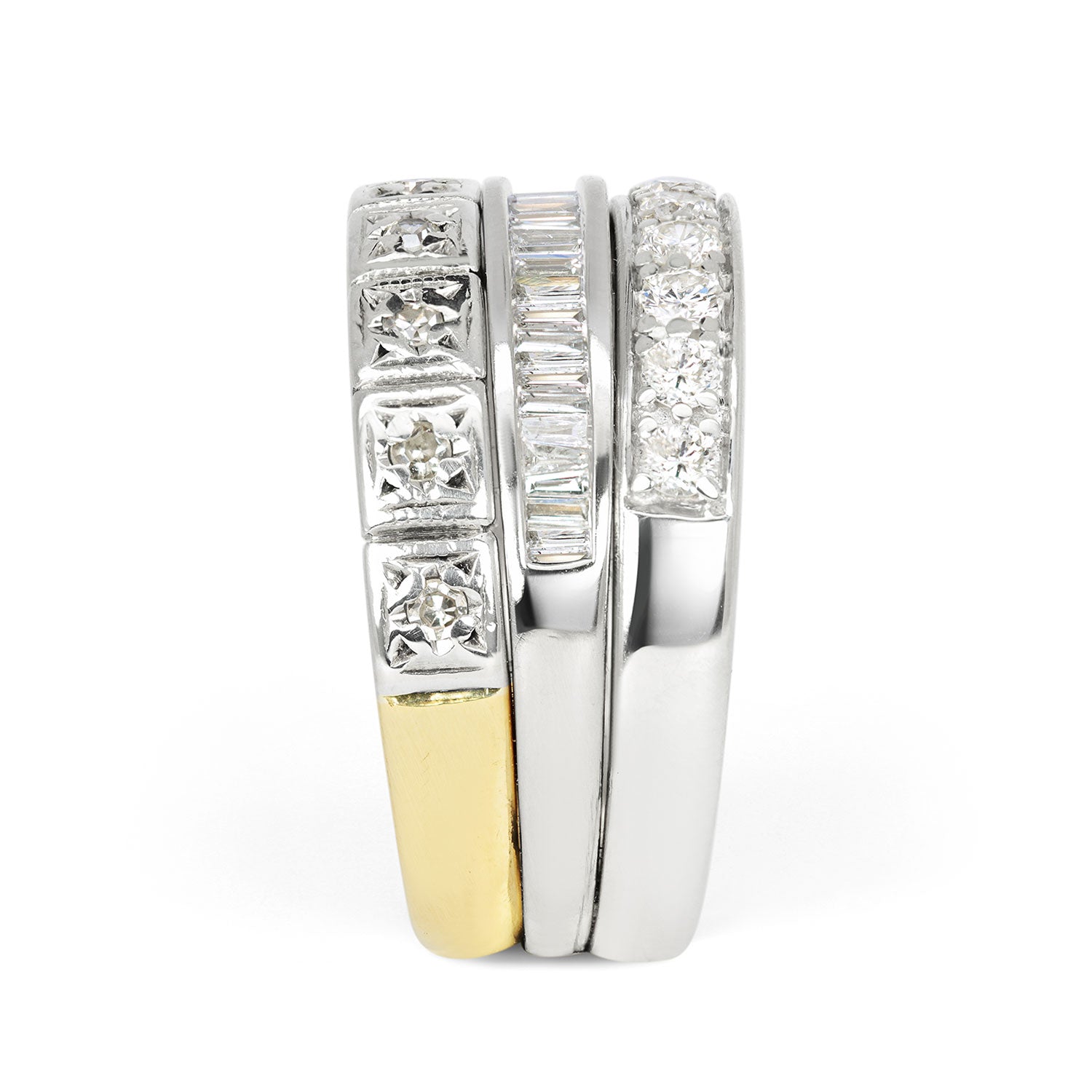 Reclaimed Vintage commitment ring with three reclaimed antique Victorian diamond eternity rings, side view