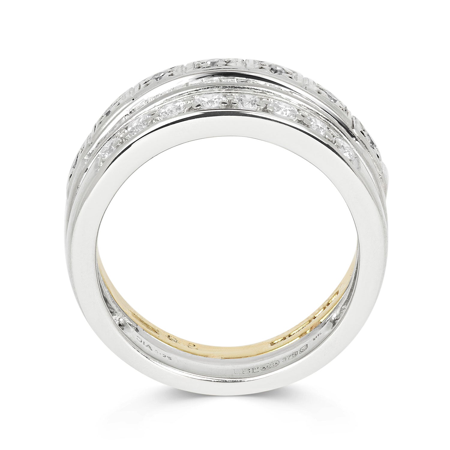 Reclaimed Vintage commitment ring with three reclaimed antique Victorian diamond eternity rings, side 3