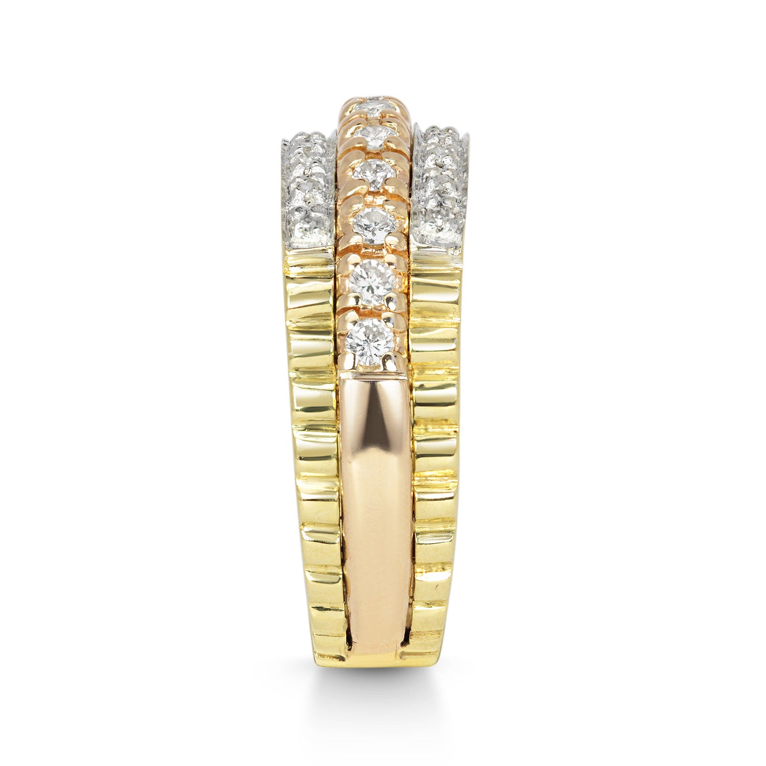 Reclaimed Vintage unique commitment ring, soldering together three antique Victorian half-diamond eternity rings in 9ct yellow and rose gold, side view 2