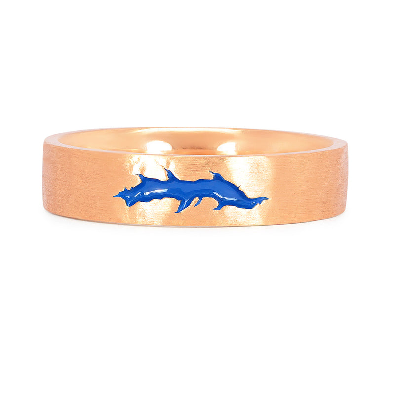 Bespoke flat court wedding band, finished with soft hammered and matte texture and a fissure inlayed with blue enamel. 9ct recycled rose gold reworked from an old heirloom piece