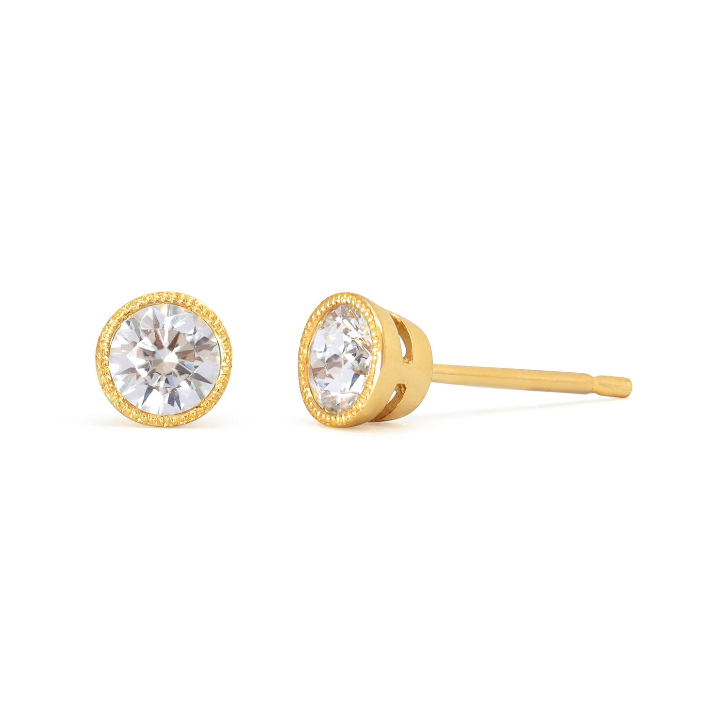 Lebrusan Studio rub-over stud earrings with milgrain beading - 18ct yellow Fairtrade Gold and 0.5ct of recycled diamonds