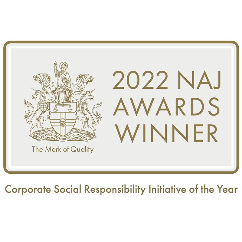 Winner's badge: Lebrusan Studio Against Child Labour fundraising campaigner is awarded the NAJ's Corporate Social Responsibility Initiative of the Year 2022 award