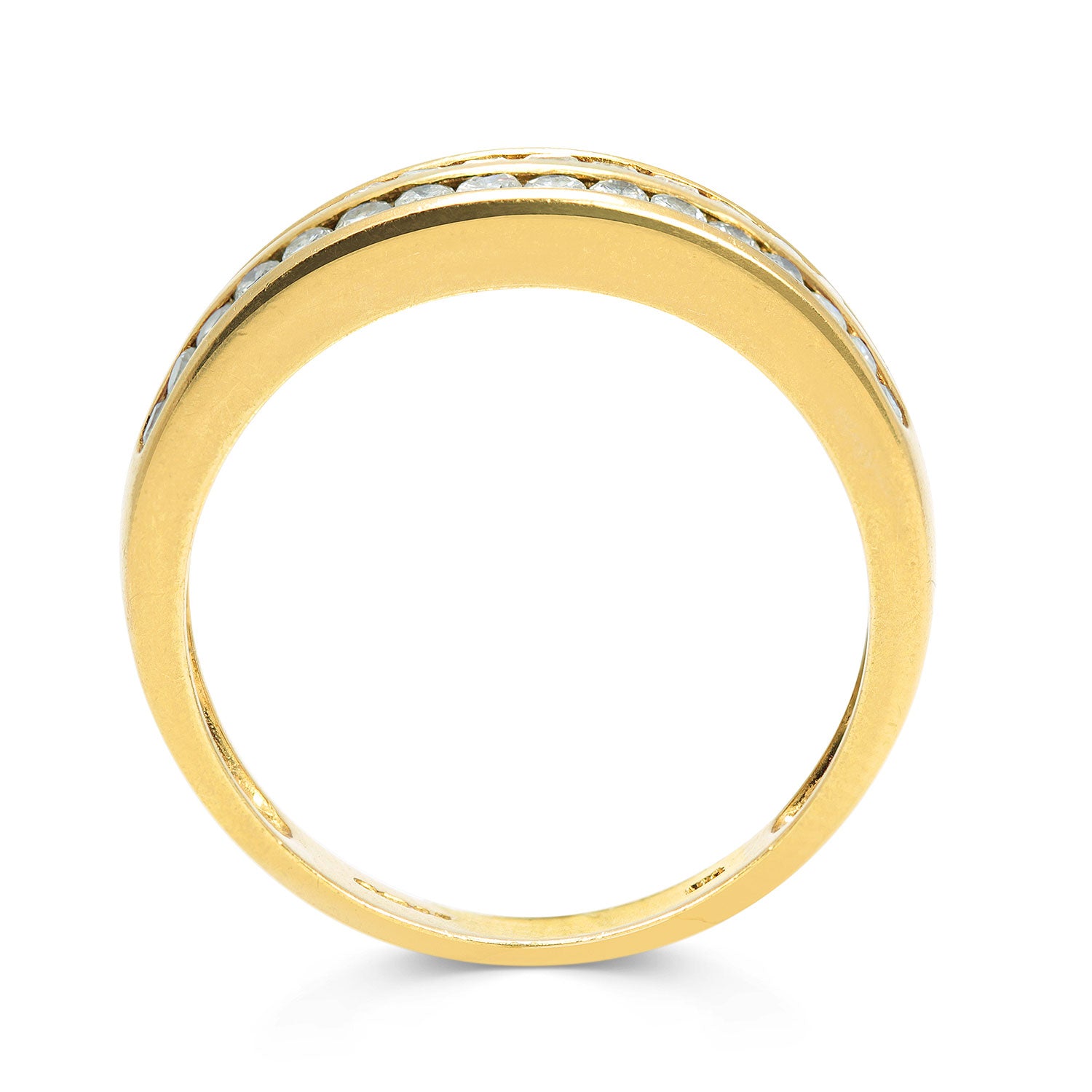 Reclaimed Vintage commitment ring with two antique Victorian eternity rings soldered together - 18ct gold and channel-set diamonds, side view