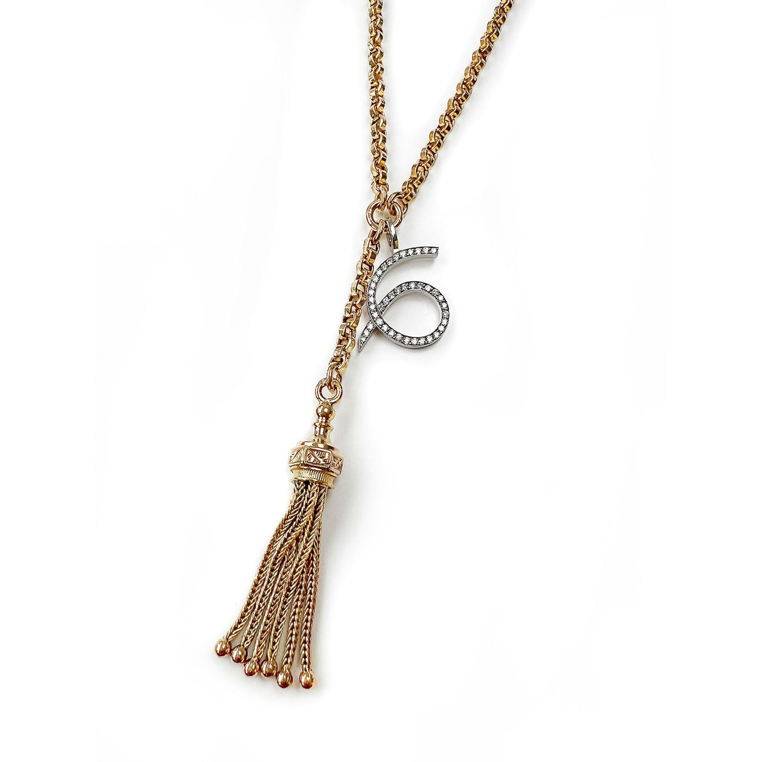 Reclaimed Vintage unique necklace with antique Victorian 9ct gold tassel pendant, 9ct recycled gold chain and a new numerology pendant crafted in recycled gold and conflict-free diamonds