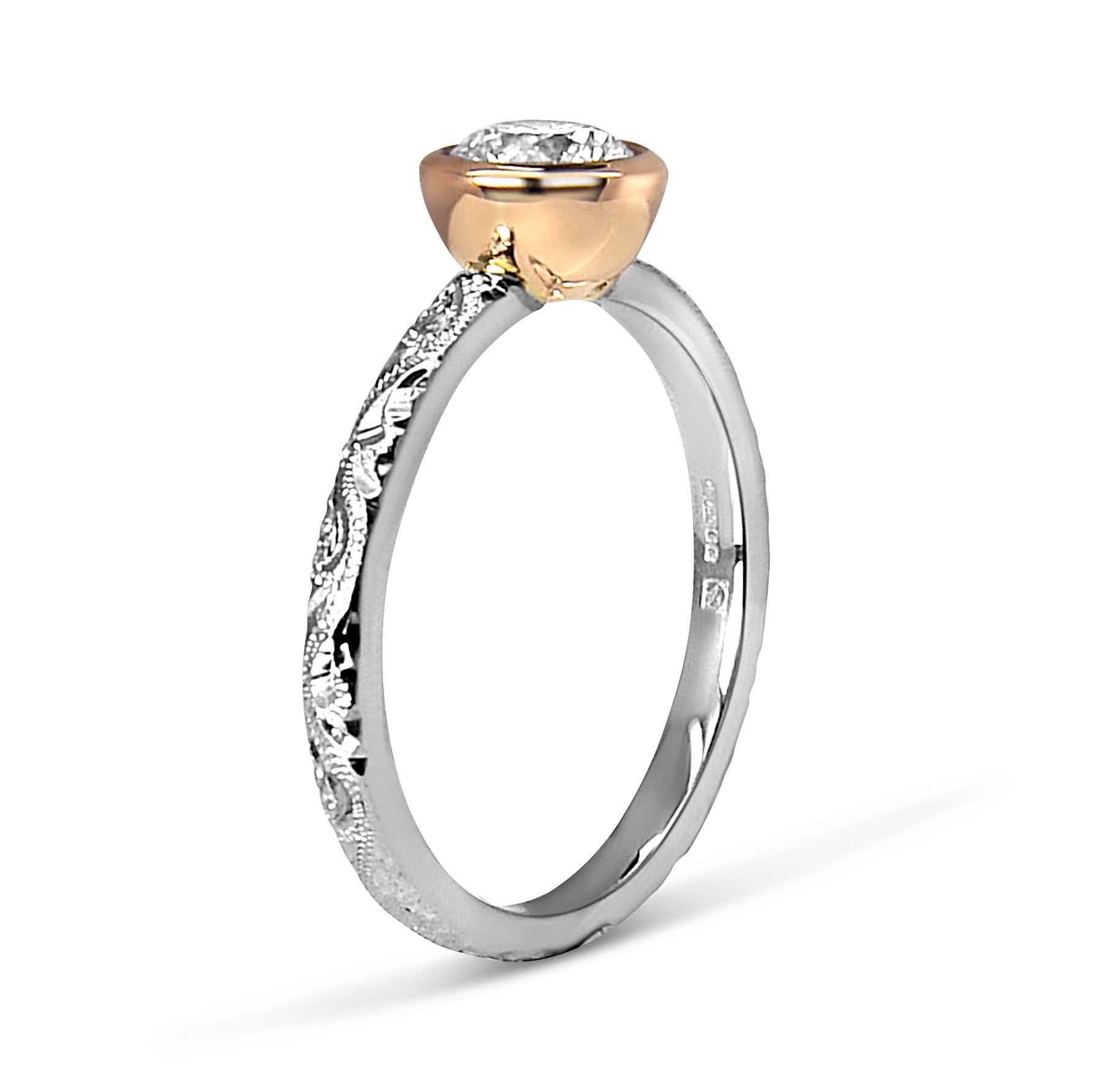 Bespoke Max and Gemma engagement ring - white and rose Fairtrade Gold, hand-engraved Scrolls and a Canadian diamond