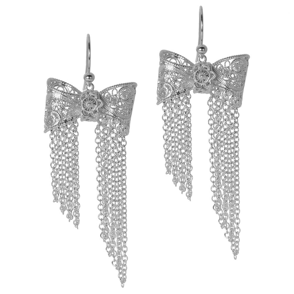 Filigree Bow Drop Earrings in Silver