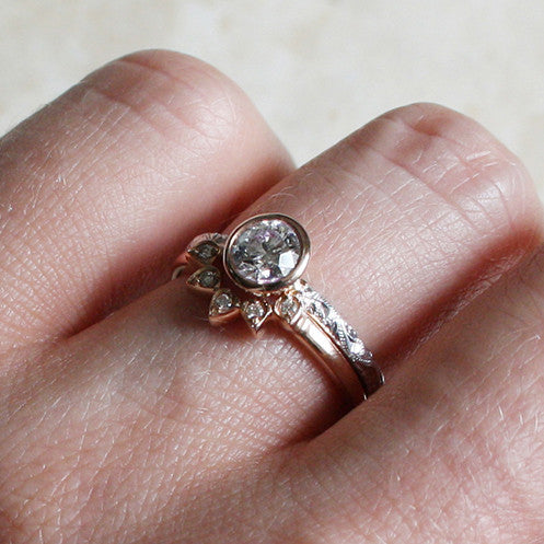 Bespoke Max and Gemma engagement ring - white and rose Fairtrade Gold, hand-engraved Scrolls and a Canadian diamond