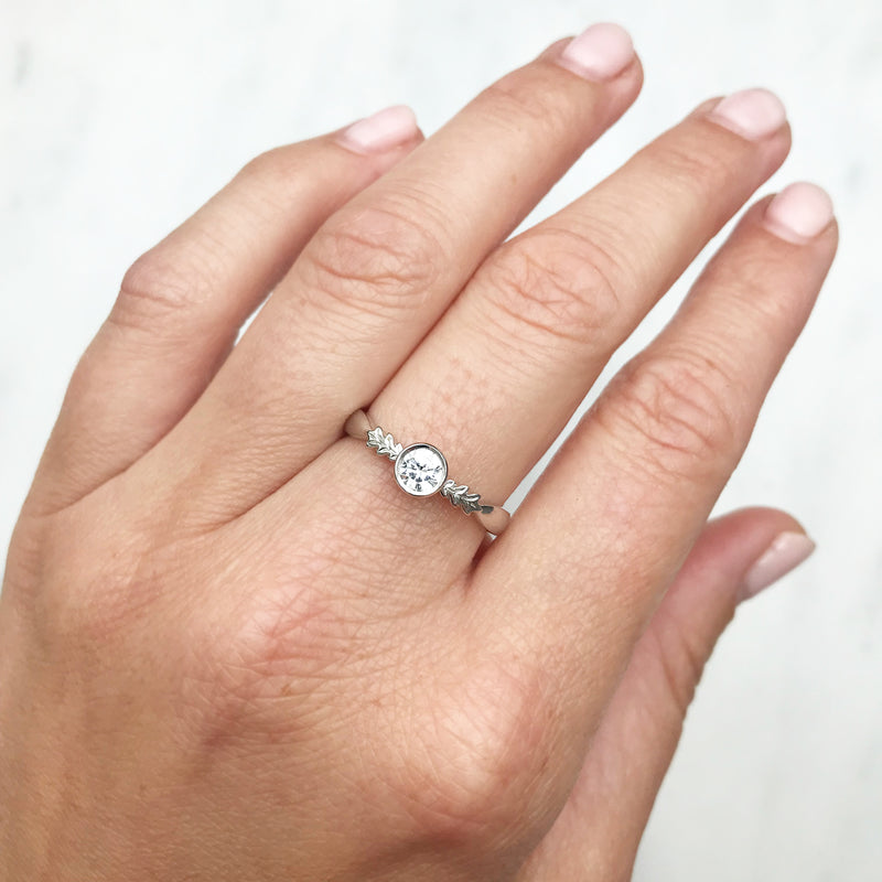 Bespoke Louise nature-inspired engagement ring, 18ct recycled white gold and 0.31ct recycled diamond