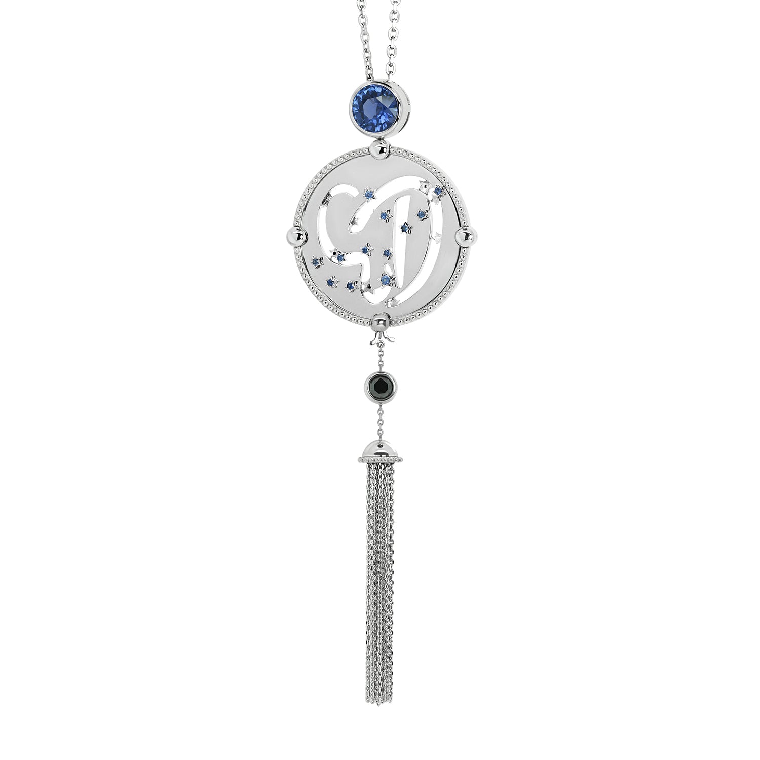 Bespoke Ev pendant, 18ct white gold, traceable Sri Lankan sapphires and conflict-free black diamonds