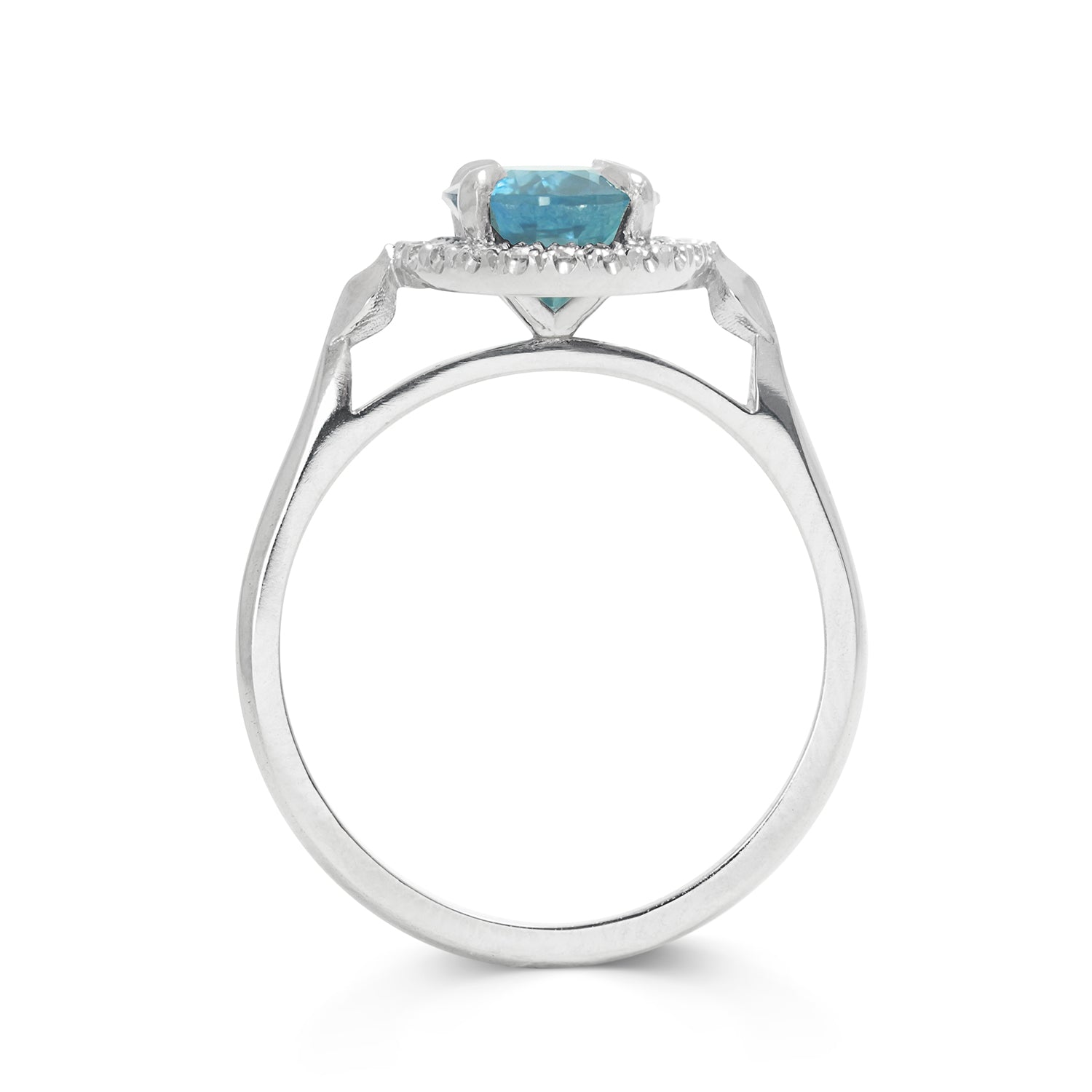 Bespoke Robert Ethical Sapphire Halo Engagement Ring, 100% recycled platinum, conflict-free Canadian diamonds and an oval-cut fair-traded Malawi sapphire 3