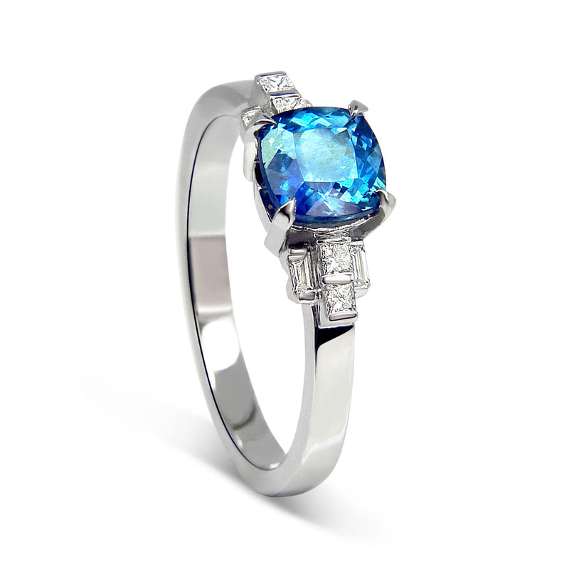 Bespoke Clare engagement ring - fair-traded sapphire, baguette-cut diamonds and 100% recycled platinum band