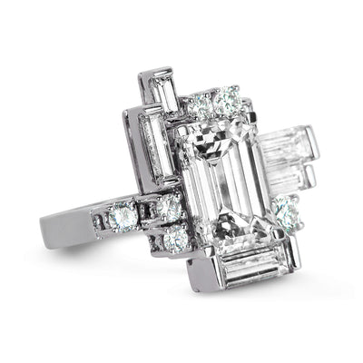 Bespoke Corene Art Deco cocktail ring - 18ct recycled white gold and recycled baguette diamonds 2