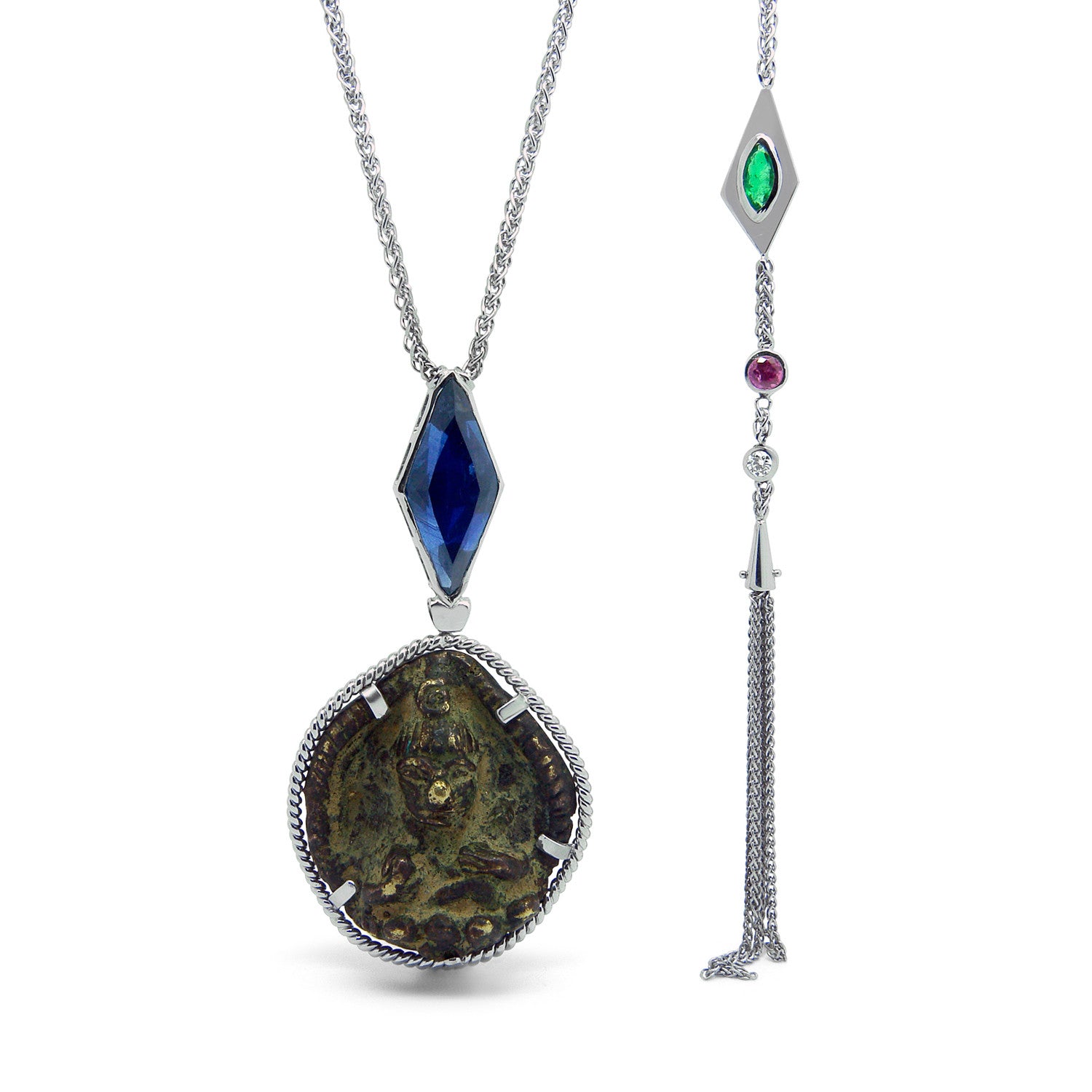 Bespoke James amulet pendant - 18ct white gold and fair-traded sapphire, ruby and emerald