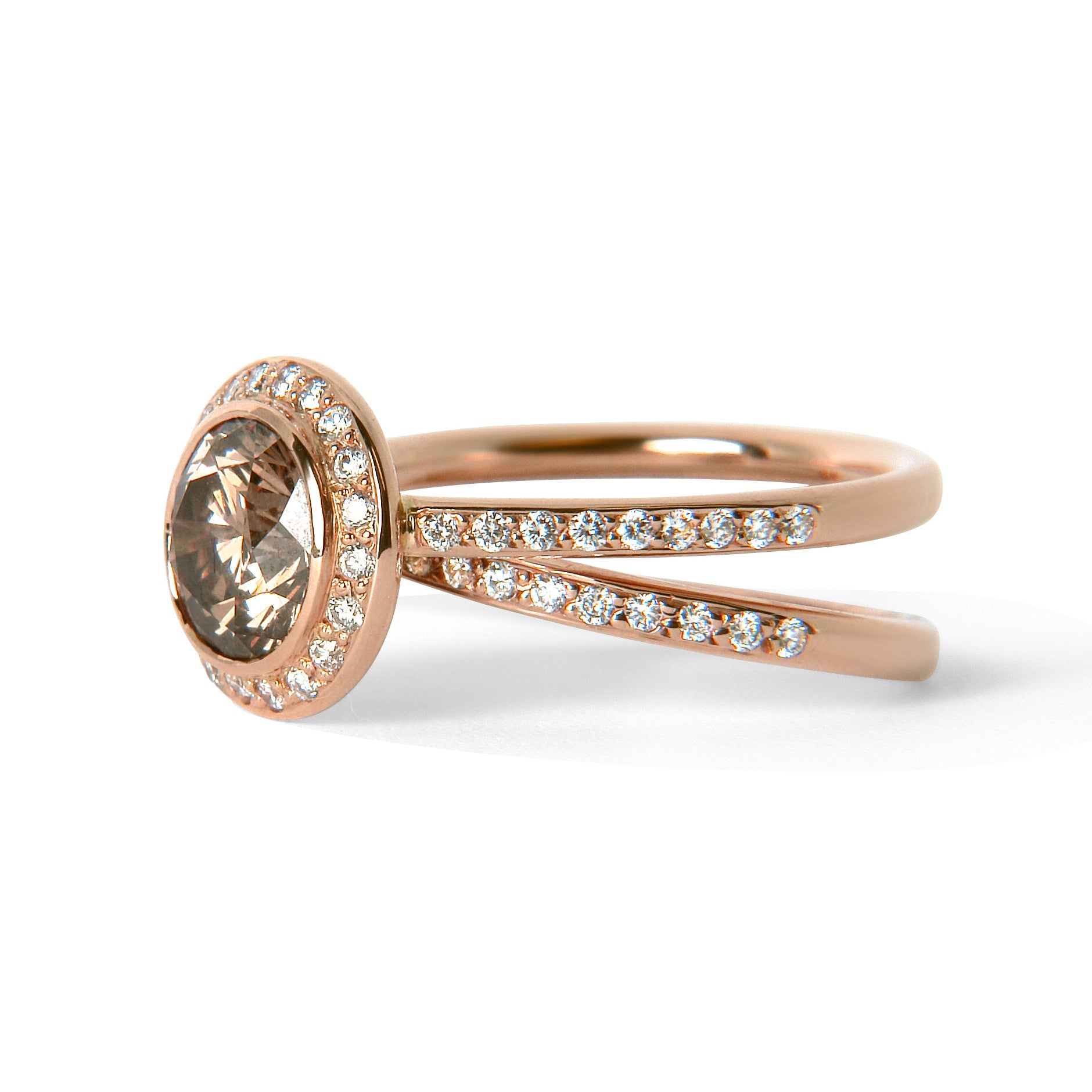 Bespoke Sigi engagement ring - recycled rose gold, conflict-free champagne diamond and conflict-free white diamonds 2