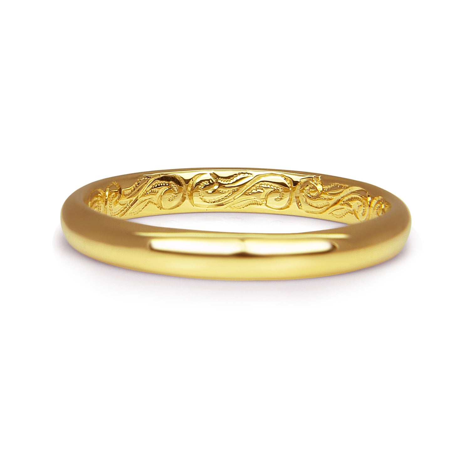 Bespoke Chris wedding ring - 3mm recycled gold court band with intricate hand-engraved scrolls