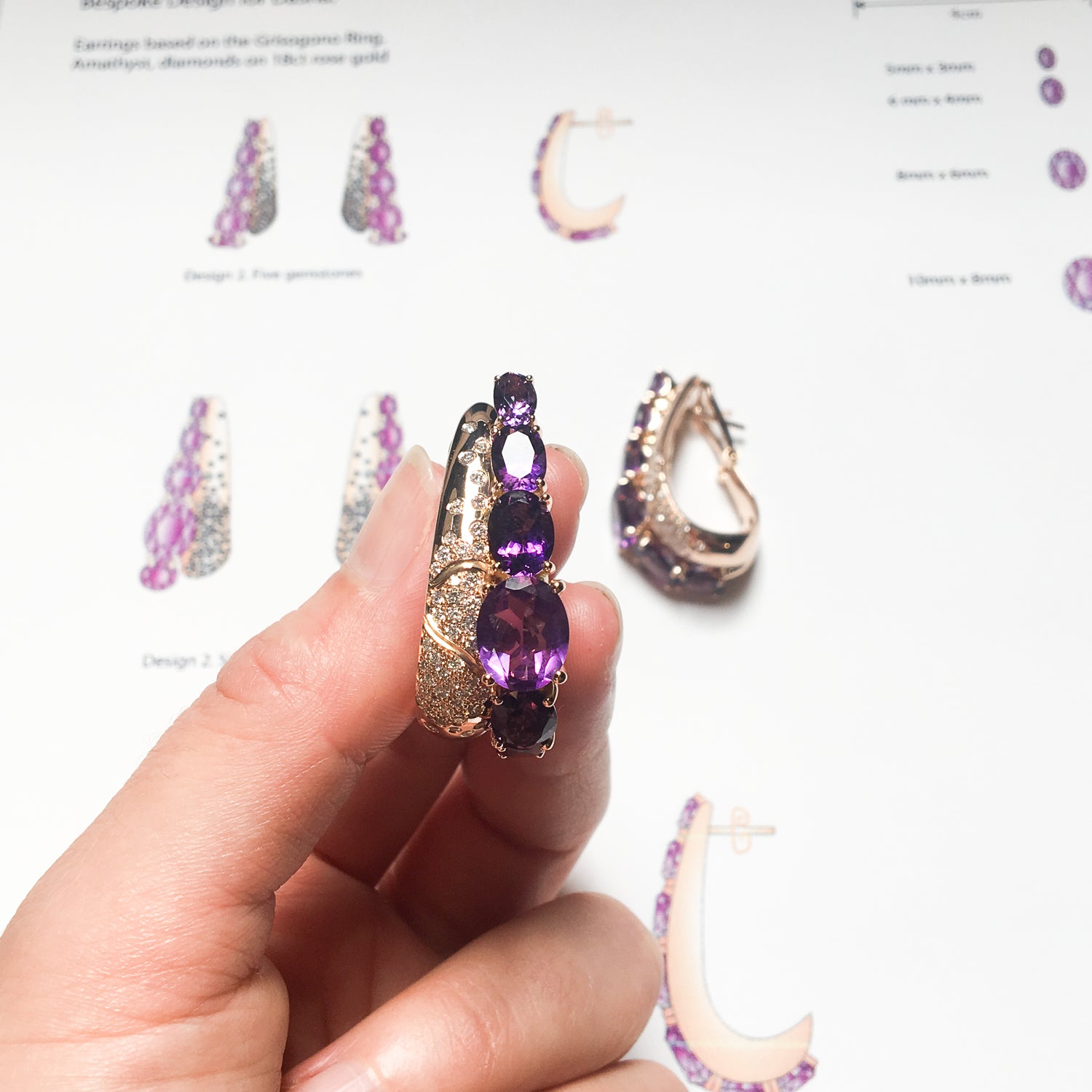 Bespoke earrings - amethyst, rose gold and diamonds 3