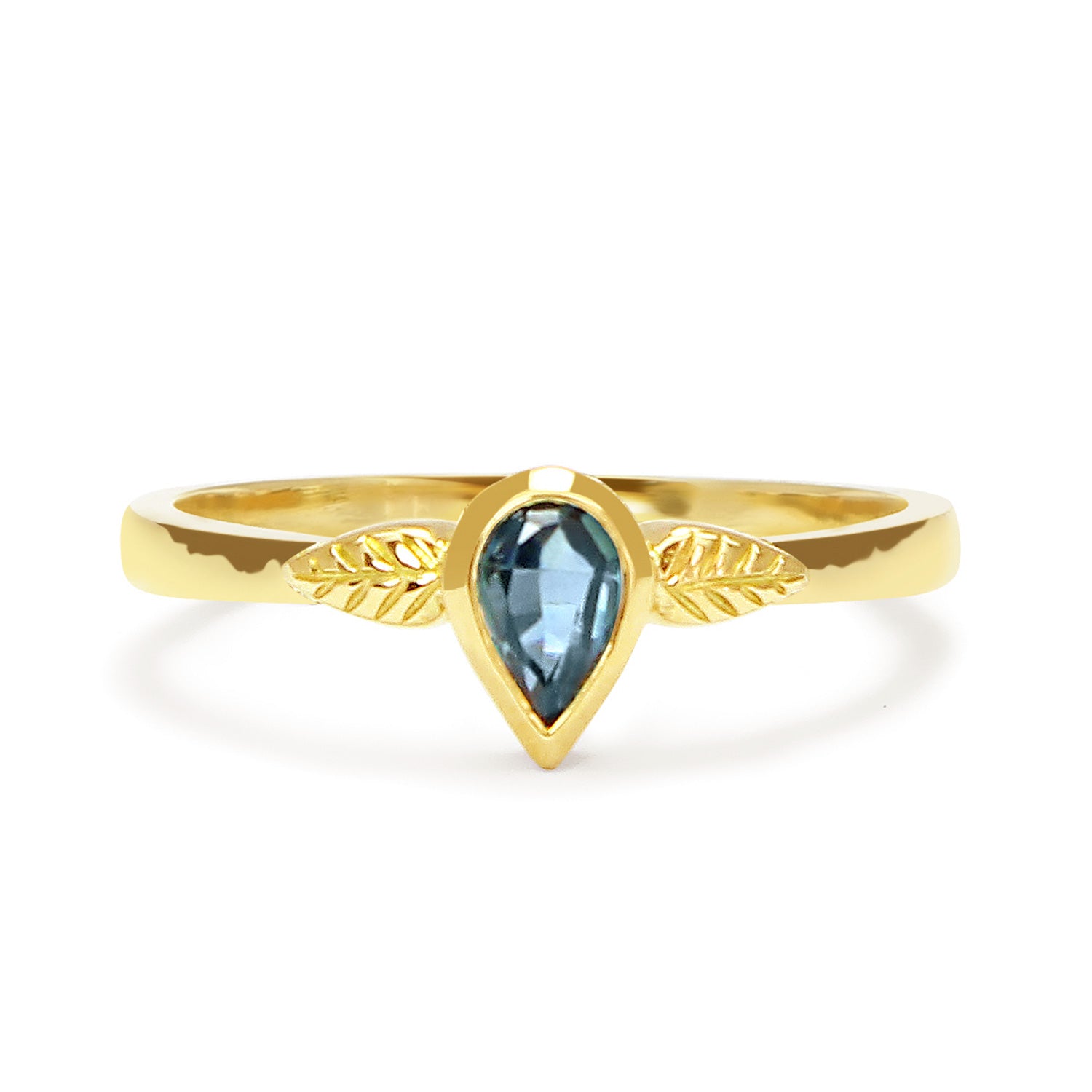 Bespoke nature-inspired engagement ring with pear-cut Malawi sapphire and 18ct recycled gold band