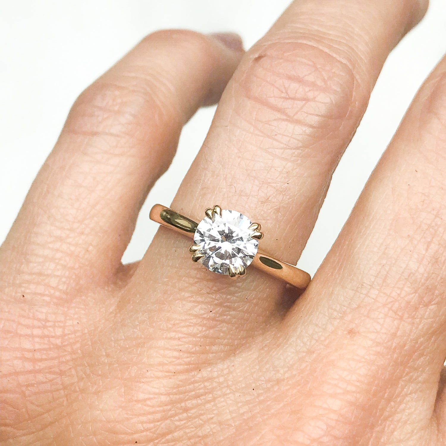 Lebrusan Studio Artisan Ethical Diamond Solitaire Engagement Ring, 1ct Ocean Diamond, 18ct Fairmined Ecological Gold, on the hand 2