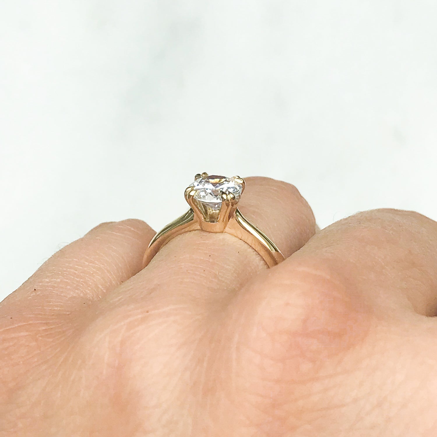 Lebrusan Studio Artisan Ethical Diamond Solitaire Engagement Ring, 1ct Ocean Diamond, 18ct Fairmined Ecological Gold, on the hand 3