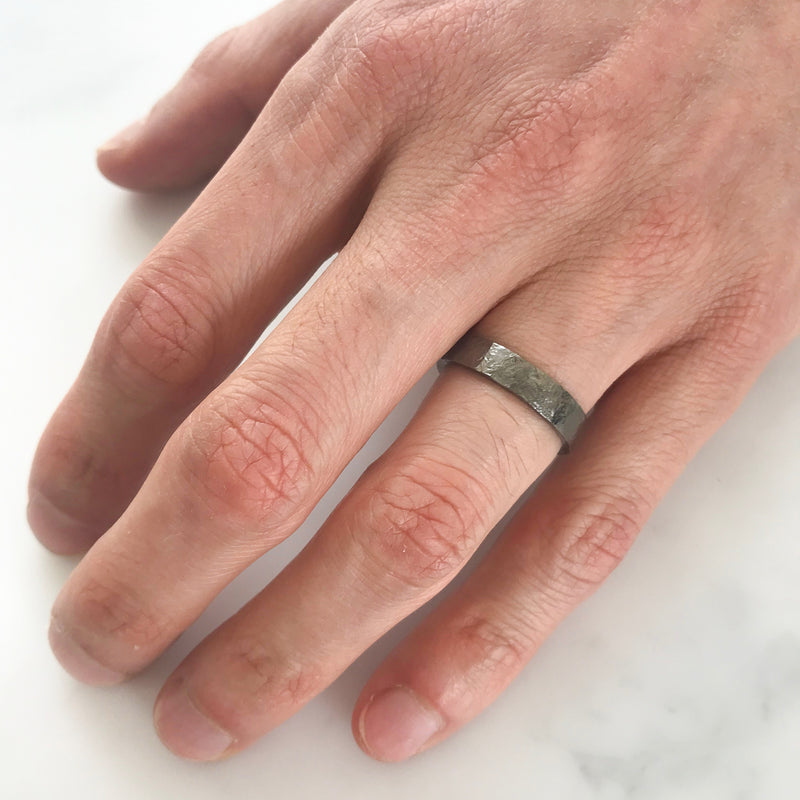 Heavy Hammered Ethical Gold Wedding Ring, Black Rhodium