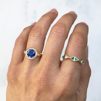 Bespoke Raiyah engagement ring, 18ct yellow Fairtrade gold, upcycled round blue sapphire and upcycled diamonds 4