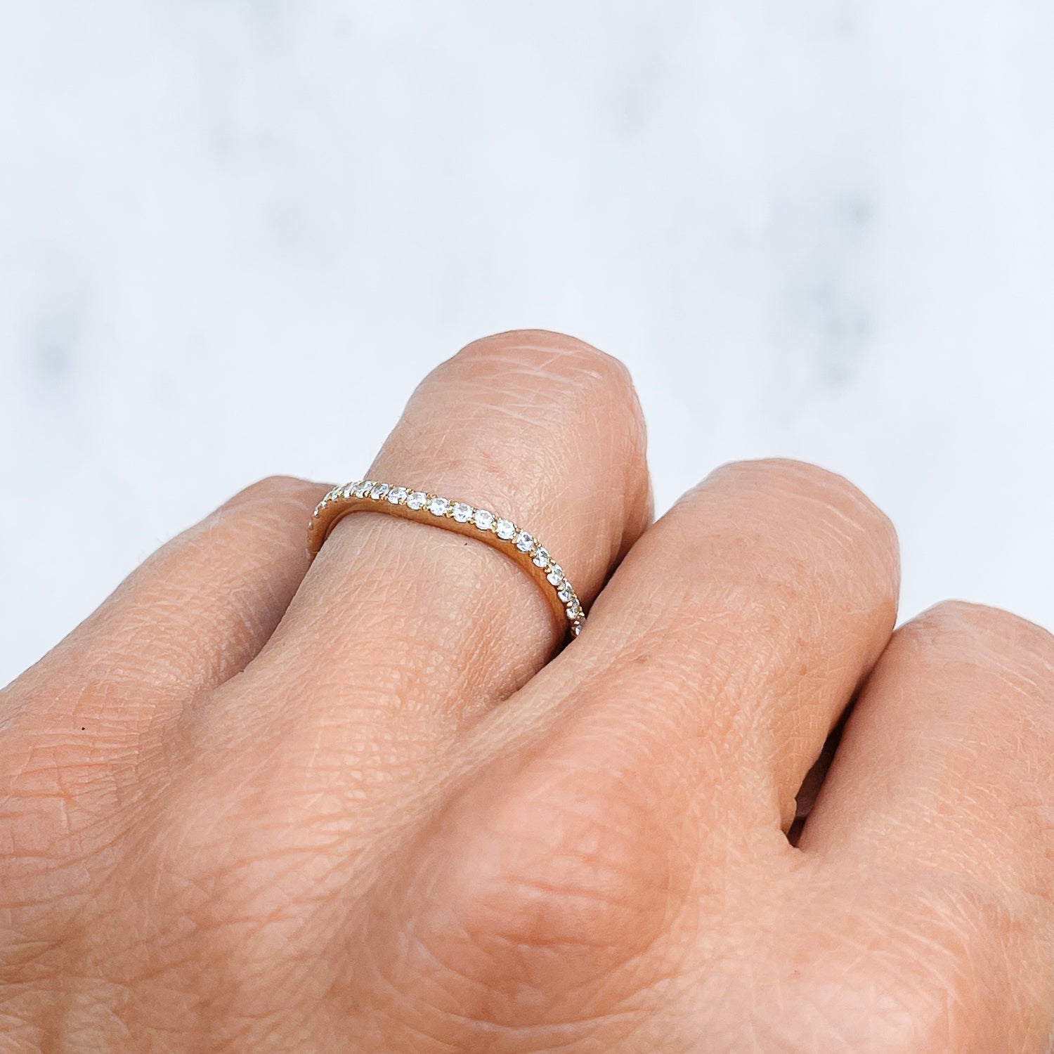 Lebrusan Studio Accademia Microset Ethical Diamond Gold Wedding Band, conflict-free diamonds and 18ct recycled or Fairtrade Gold on hand