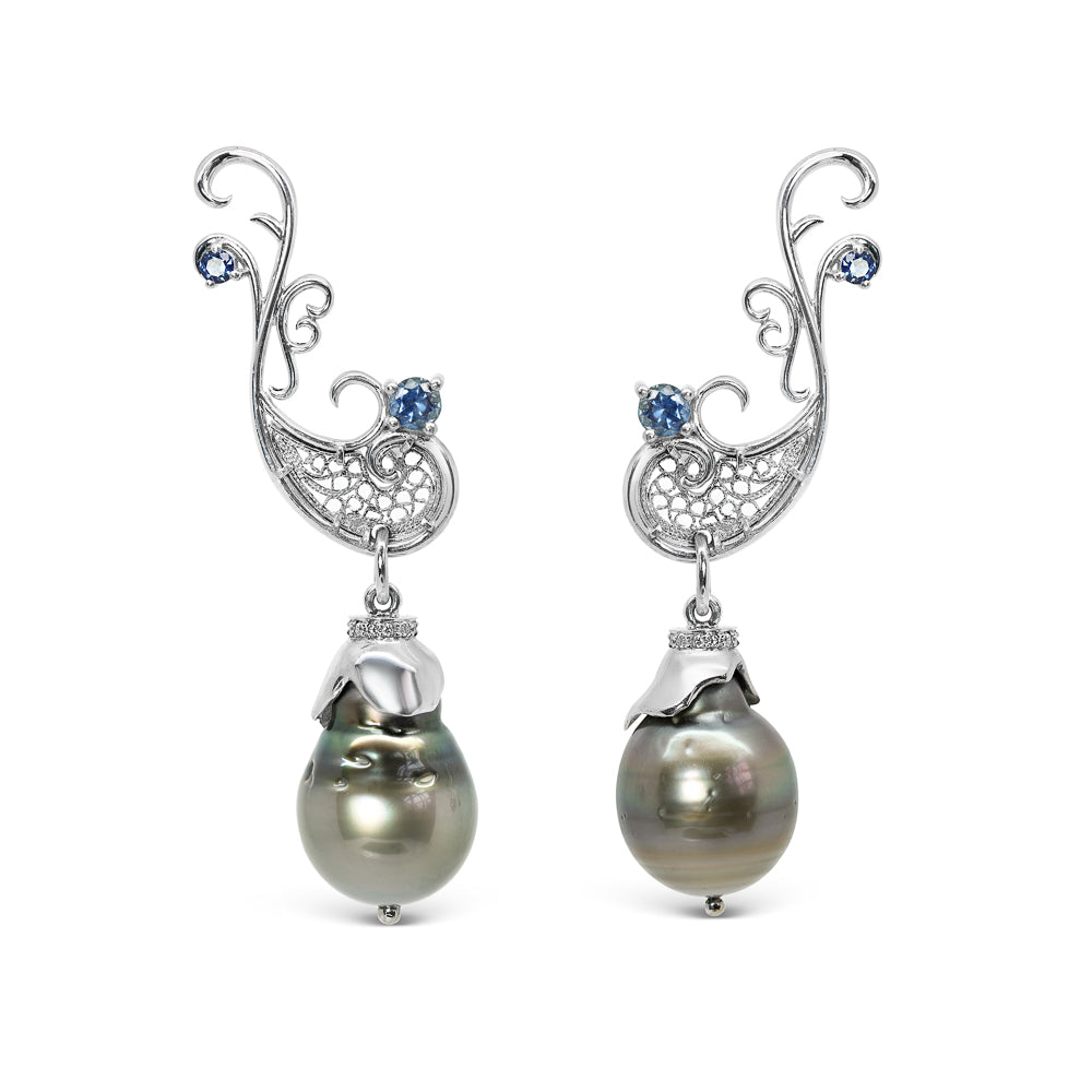 The Birth of Venus: One-of-a-kind earrings with black Tahitian pearls, ethical blue sapphires and ethical white gold