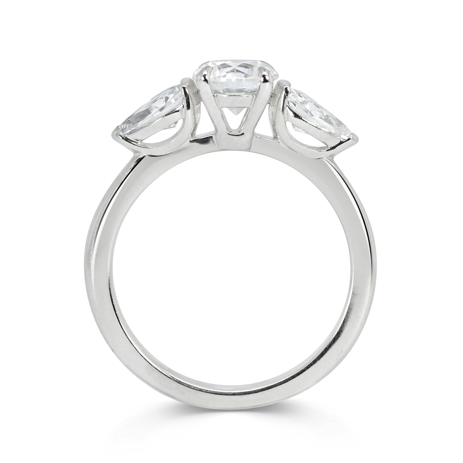 Bespoke Trilogy Engagement Ring, cast in sustainable recycled platinum and set with a trilogy of traceable diamonds, front view
