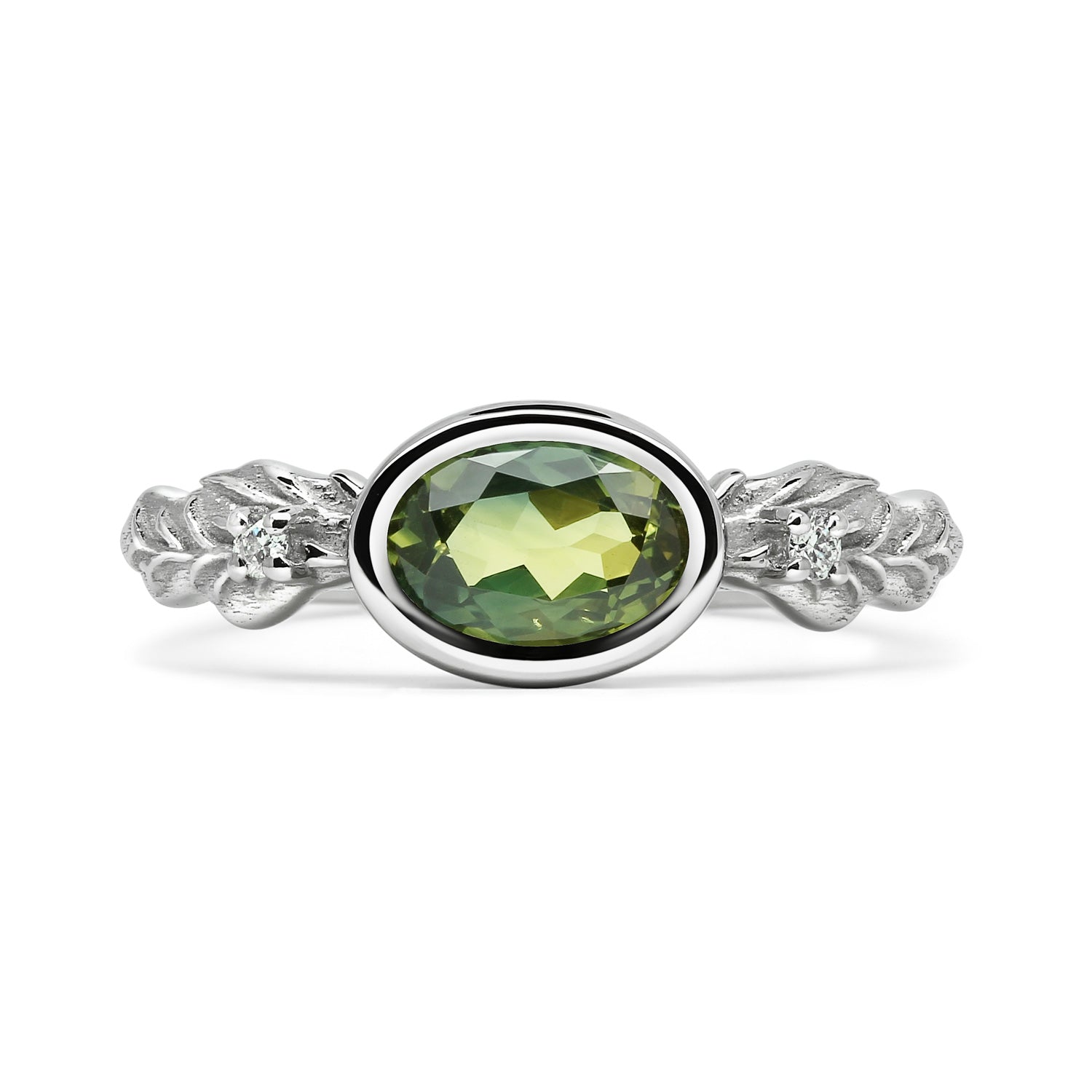 Bespoke Siobhan engagement ring - Sri Lankan green sapphire, nature-inspired motifs and white Fairmined Ecological Gold