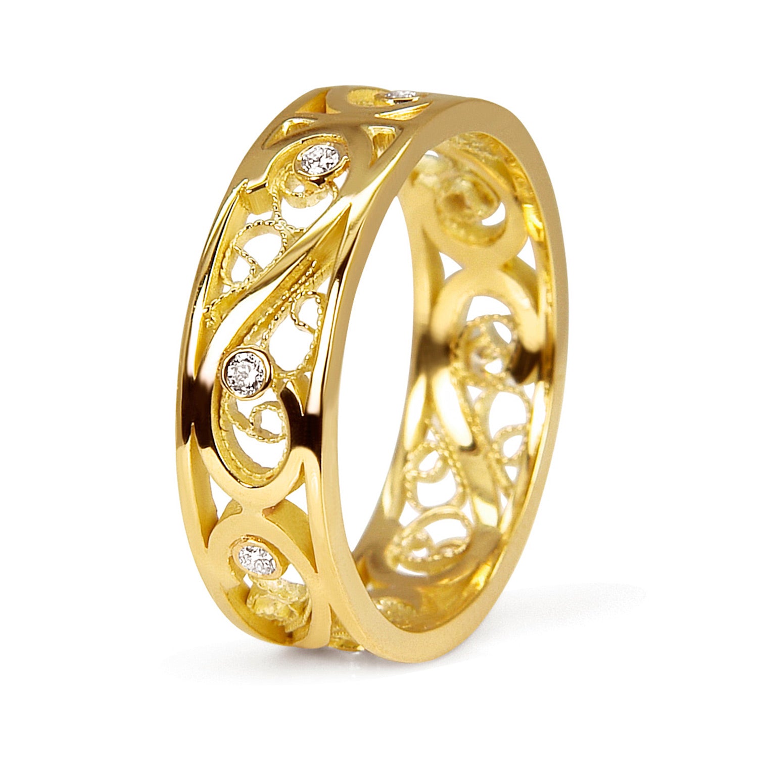 Bespoke Tamsin wedding ring - recycled yellow gold, conflict-free diamonds and filigree technique