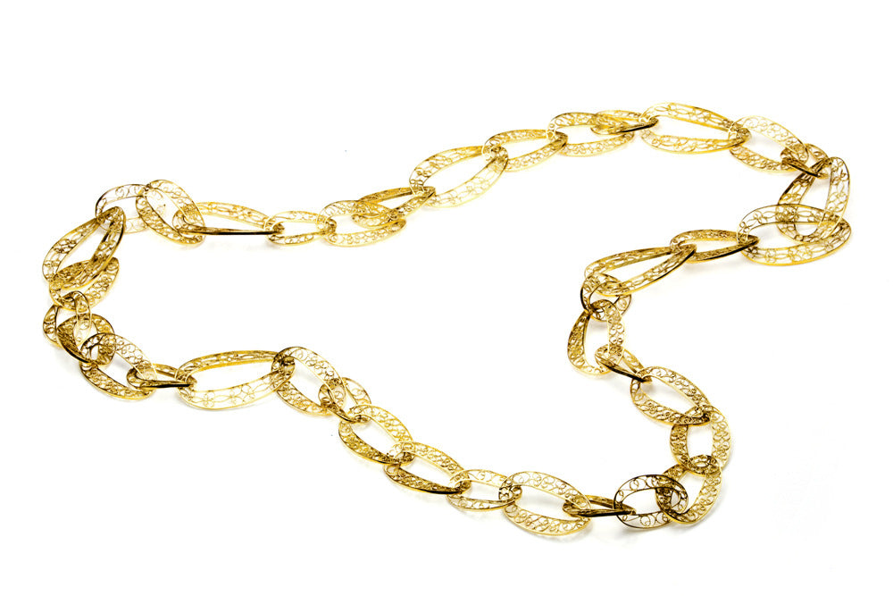 Filigree Links Long Necklace. Gold
