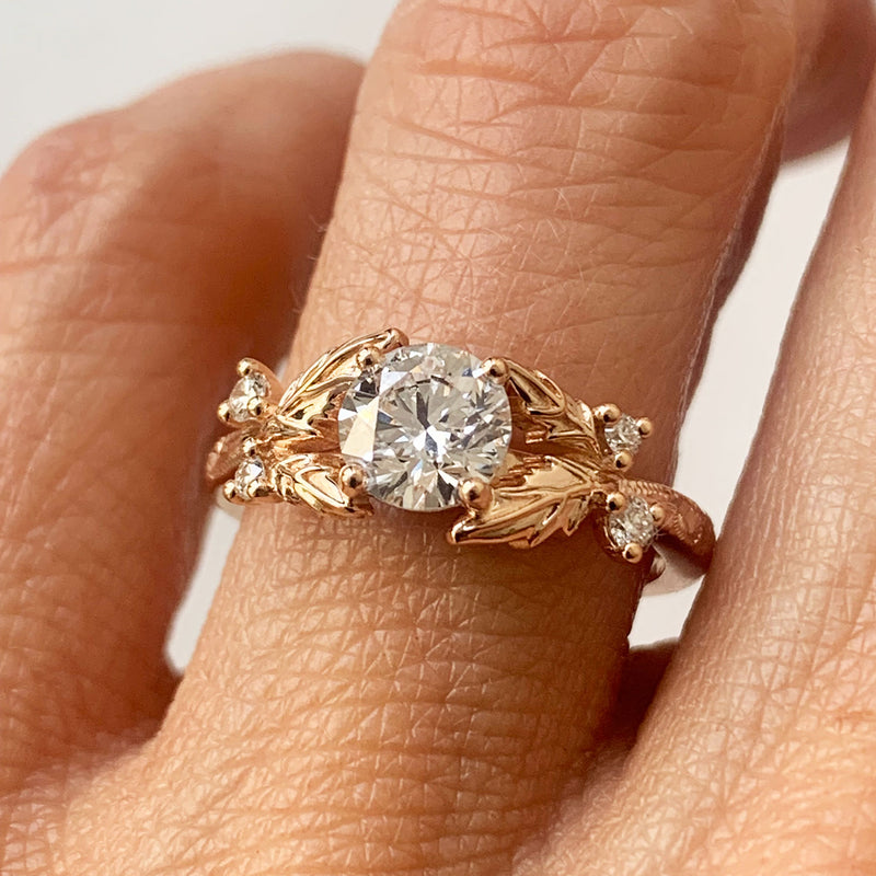 Bespoke rose Fairmined Gold and Canadmark conflict free diamond hand engraved solitaire engagement ring