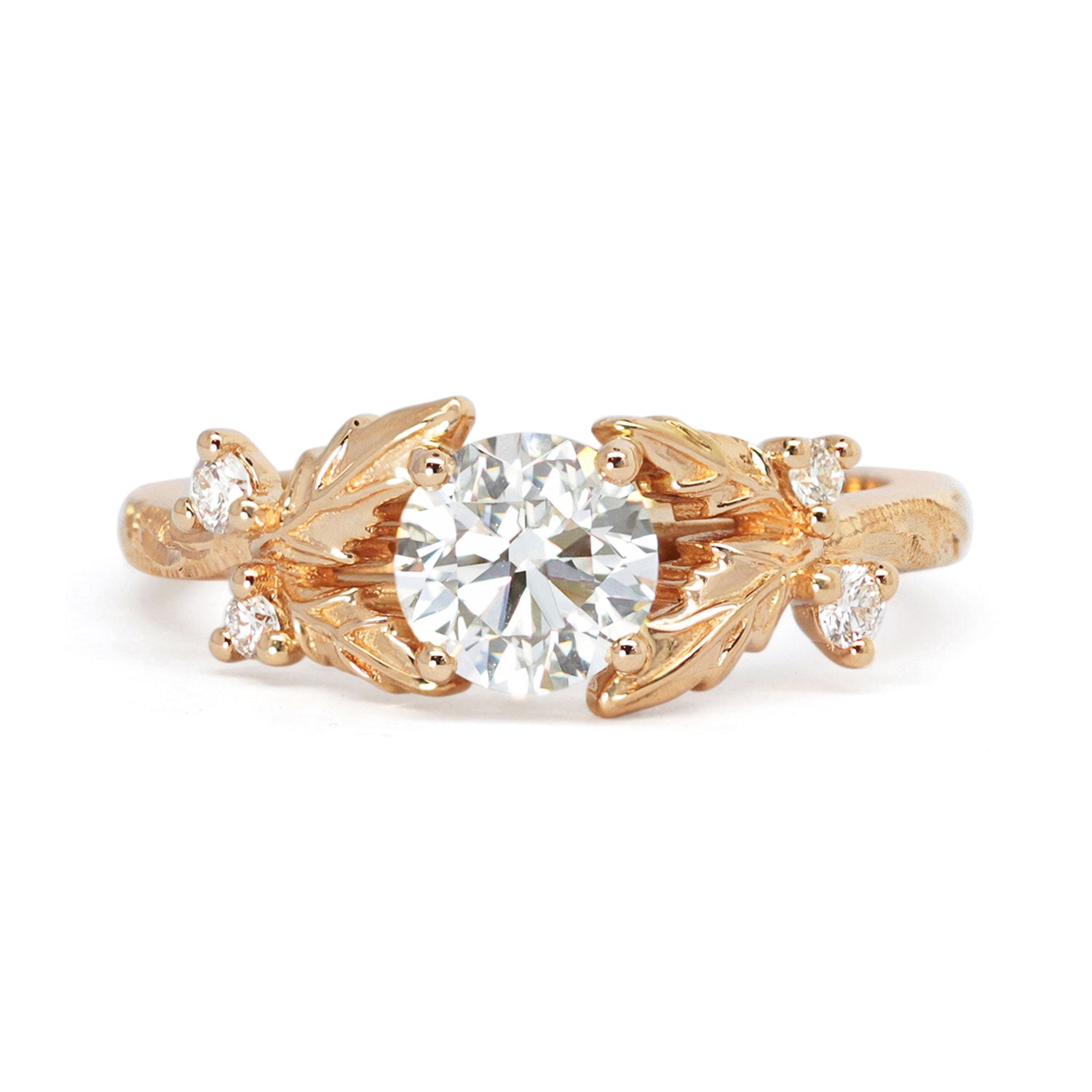 Bespoke rose Fairmined Gold and Canadmark conflict free diamond hand engraved solitaire engagement ring