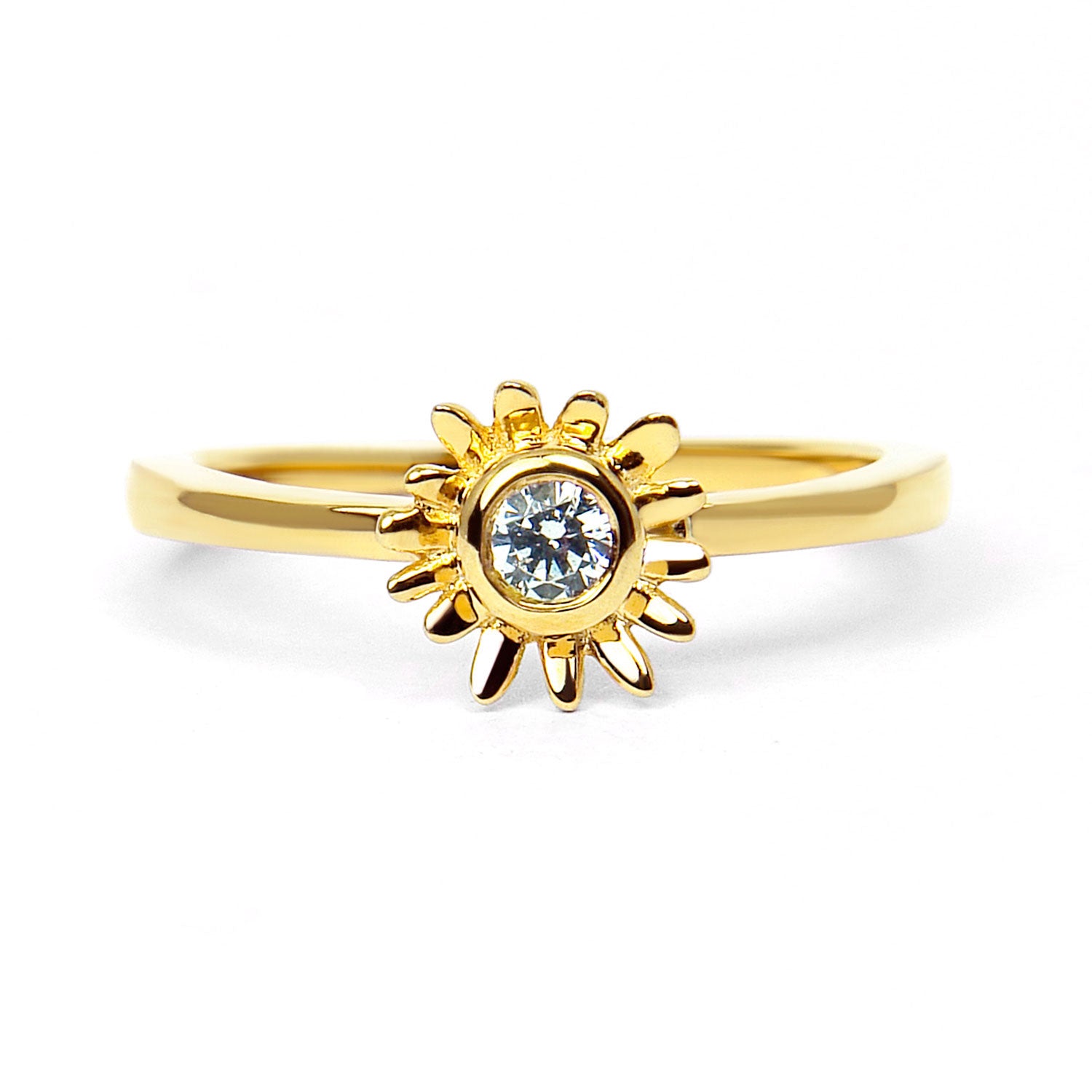 Unique and ready to wear solitaire engagement ring with cute daisy design - reclaimed vintage diamond and recycled eco gold