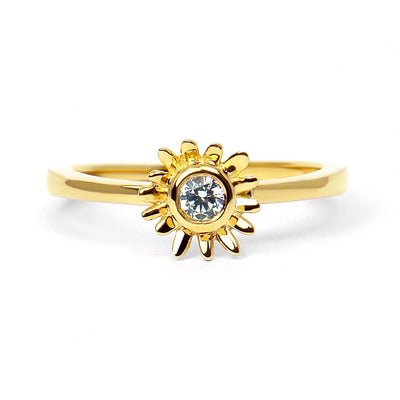 Unique and ready to wear solitaire engagement ring with cute daisy design - reclaimed vintage diamond and recycled eco gold