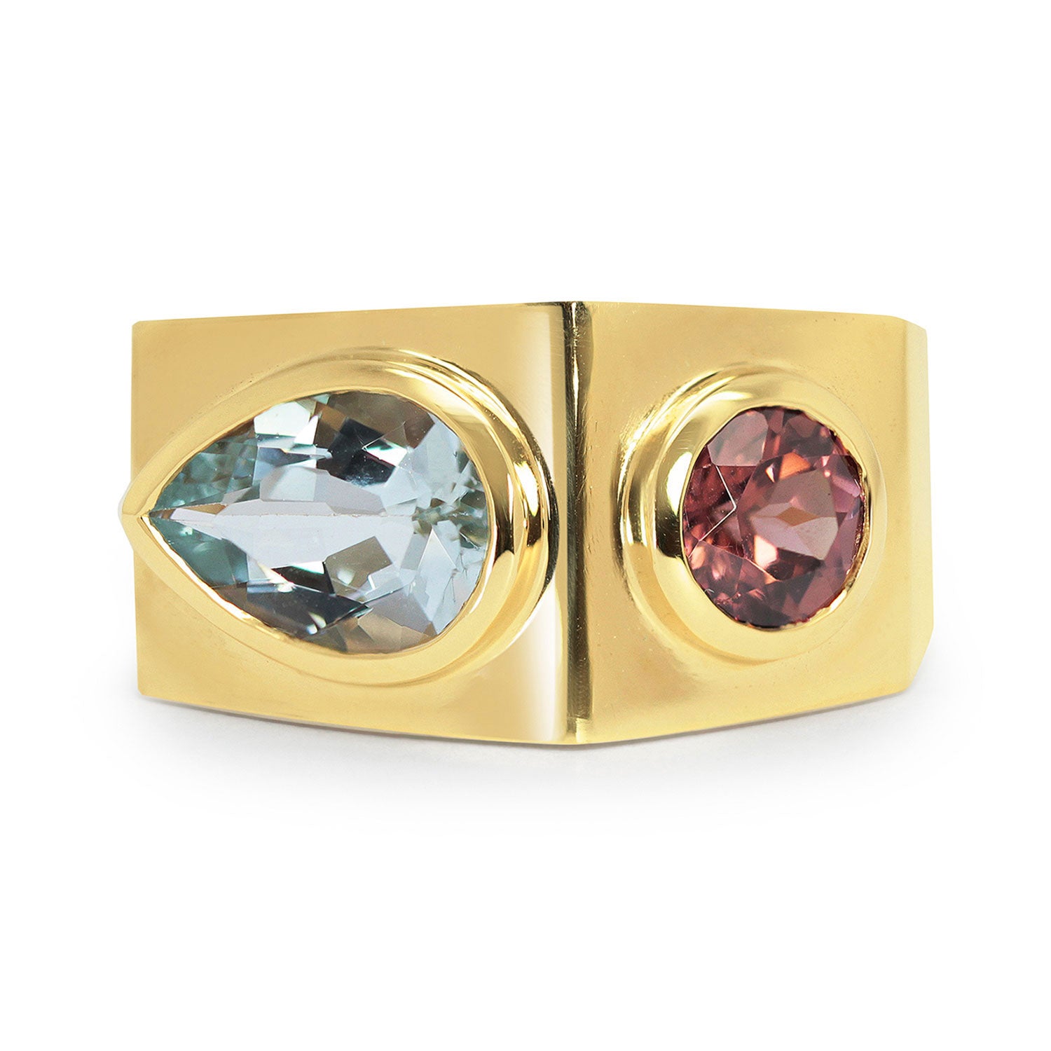 Unique one-off 14ct recycled gold chunky toi et moi ring with fair-traded sapphires