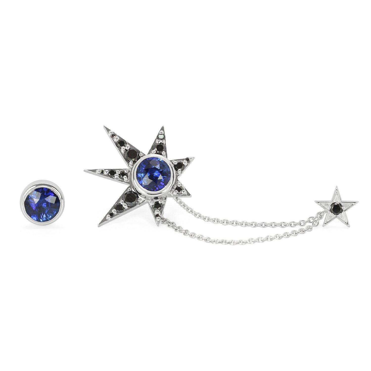 Bespoke Ev asymmetric stud earrings in 18ct recycled white gold with blue fair-traded sapphires and black diamonds
