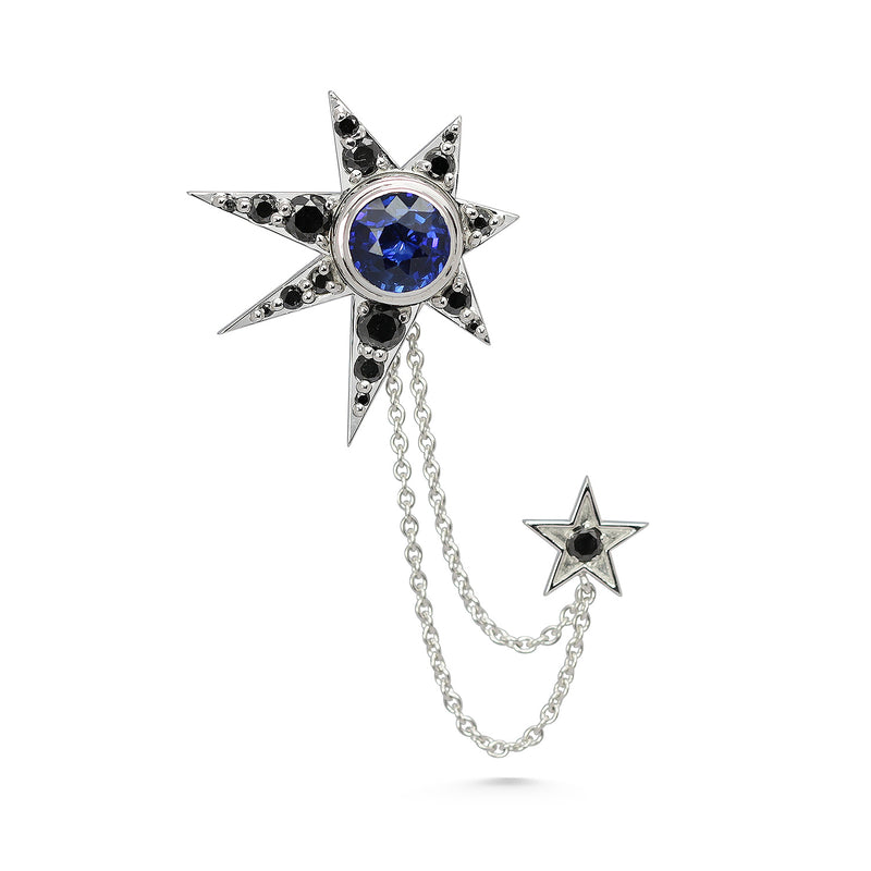 Bespoke Ev asymmetric stud earrings in 18ct recycled white gold with blue fair-traded sapphires and black diamonds