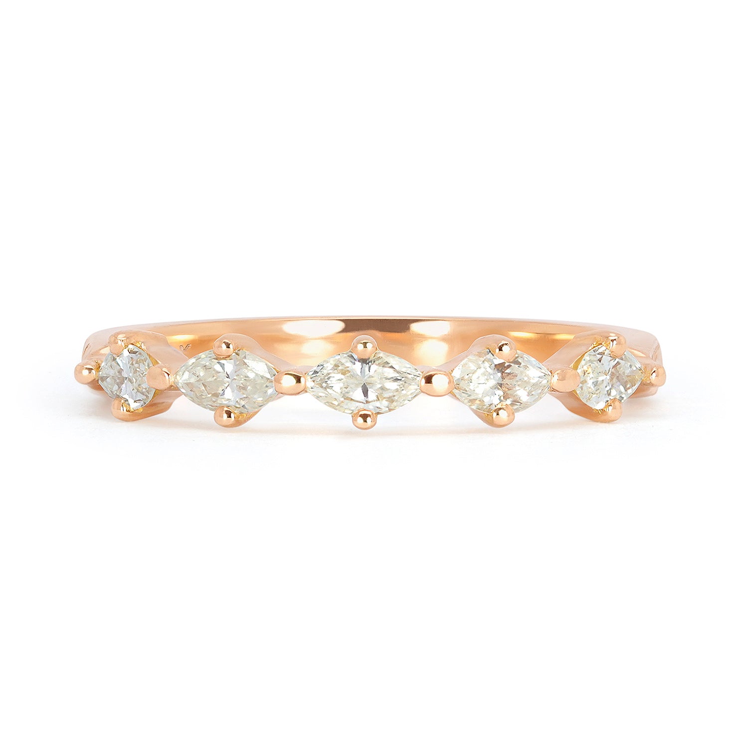 Bespoke 18ct recycled rose gold slim wedding band, claw-set with five inherited marquise diamonds and hand-engraved with scrolls, top view